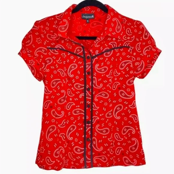 Sourpuss Clothing Red Bandana Western Paisley Top Medium Rockabilly - Picture 1 of 5